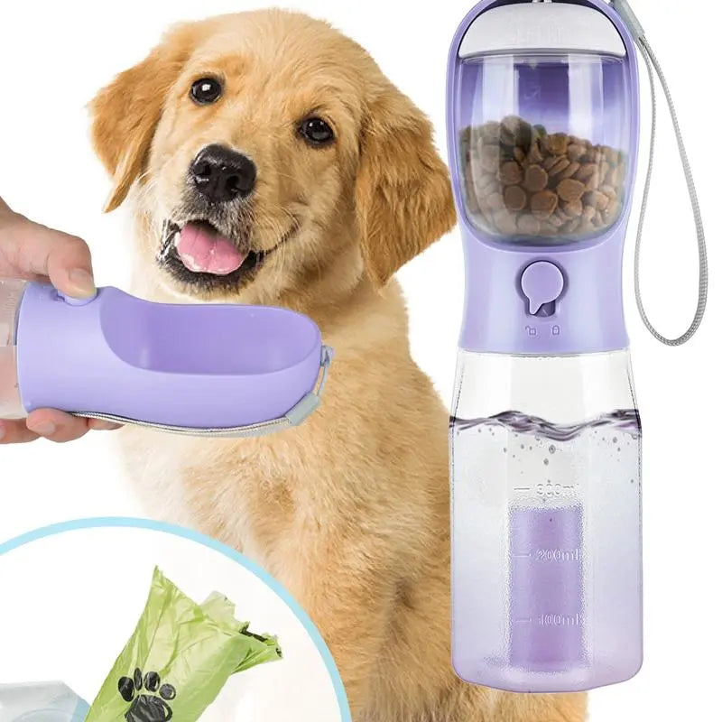3-in-1 Portable Water Bottle for Dogs with Food Container and Poop Bag Holder - Ideal for Outdoor Activities, 20 Oz, Blue