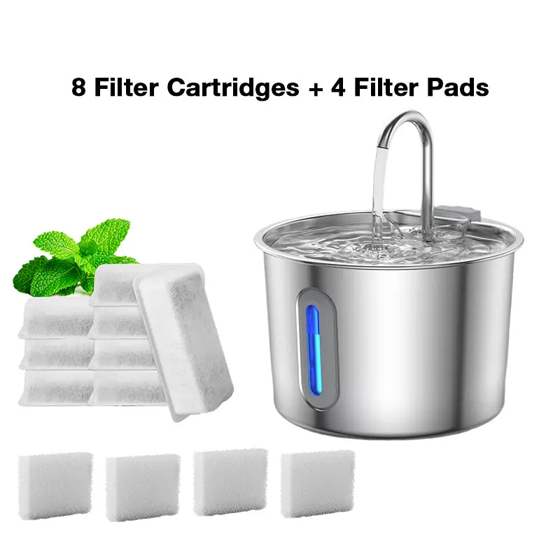 Stainless Steel Cat Water Fountain - 4.0L Large Capacity Quiet Pet Dispenser with USB Connector, Filter Cartridge, and Cleaning Brush Set