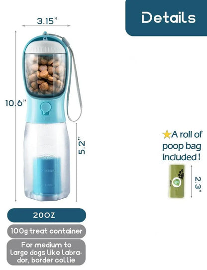 3-in-1 Portable Water Bottle for Dogs with Food Container and Poop Bag Holder - Ideal for Outdoor Activities, 20 Oz, Blue