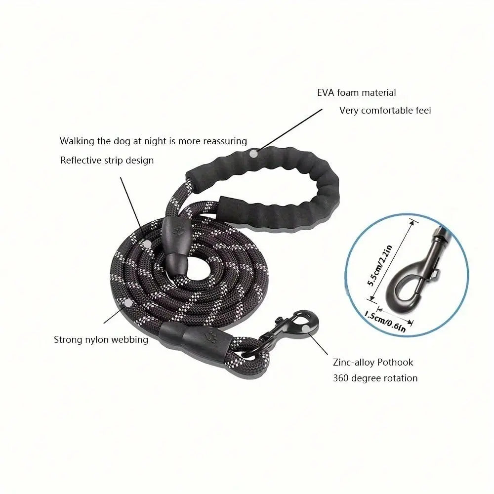 Premium Heavy-Duty No-Pull Dog Leash for Large Breeds, Chew-Resistant Reflective Rope with Comfortable Padded Handle, Ideal for Outdoor Training and Night Safety.