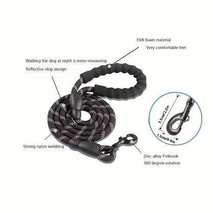 Premium Heavy-Duty No-Pull Dog Leash for Large Breeds, Chew-Resistant Reflective Rope with Comfortable Padded Handle, Ideal for Outdoor Training and Night Safety.
