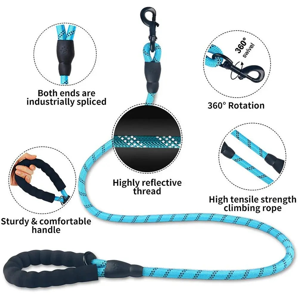 Premium Heavy-Duty No-Pull Dog Leash for Large Breeds, Chew-Resistant Reflective Rope with Comfortable Padded Handle, Ideal for Outdoor Training and Night Safety.