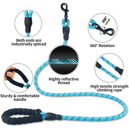 Premium Heavy-Duty No-Pull Dog Leash for Large Breeds, Chew-Resistant Reflective Rope with Comfortable Padded Handle, Ideal for Outdoor Training and Night Safety.