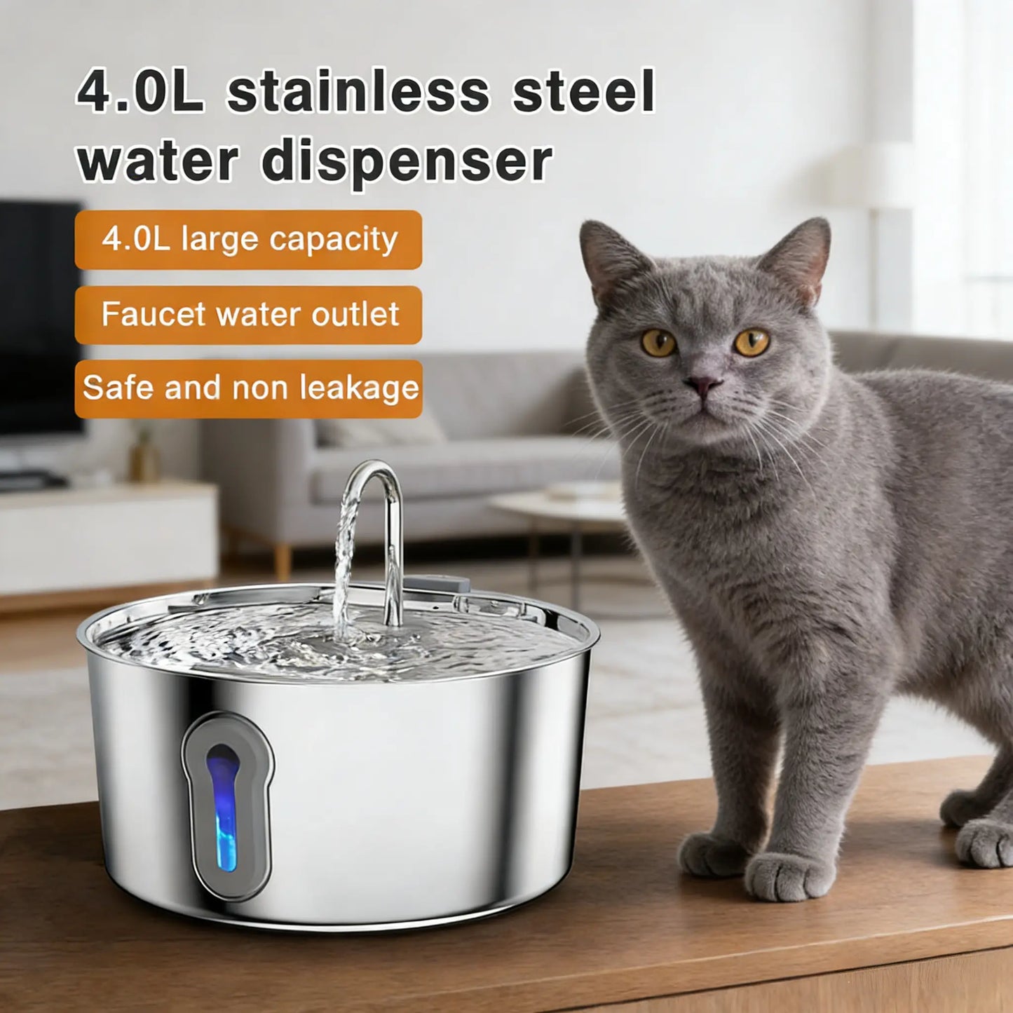 Stainless Steel Cat Water Fountain - 4.0L Large Capacity Quiet Pet Dispenser with USB Connector, Filter Cartridge, and Cleaning Brush Set