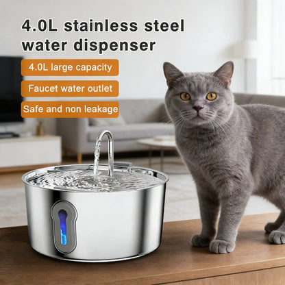 Stainless Steel Cat Water Fountain - 4.0L Large Capacity Quiet Pet Dispenser with USB Connector, Filter Cartridge, and Cleaning Brush Set