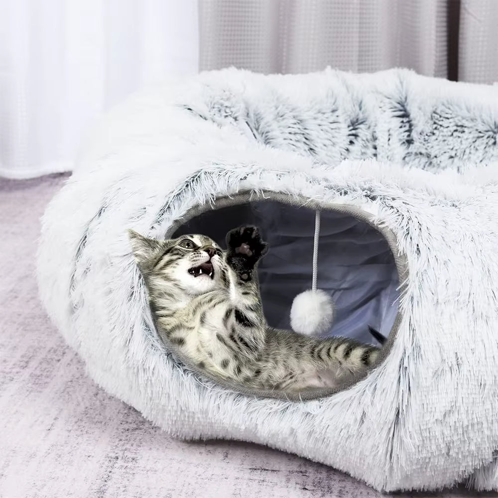 Plush Foldable Two-In-One Winter Cat Tunnel Bed - Cozy and Thickened Pet Hideaway