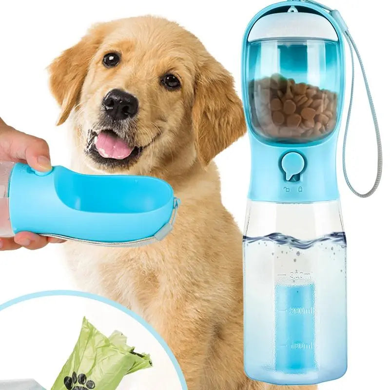 3-in-1 Portable Water Bottle for Dogs with Food Container and Poop Bag Holder - Ideal for Outdoor Activities, 20 Oz, Blue